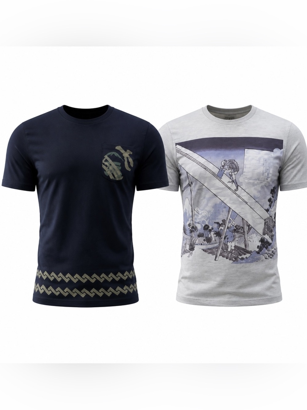 Uniqlo UT Hokusai Blue‎ Edo Ukiyo-e Graphic T-Shirt Bundle Mens Small Set of 2